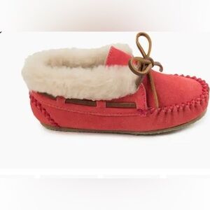 Minnetonka Charley SLIPPERS Girls 1 Kids Hot PINK Suede Leather RUBBER SOLE